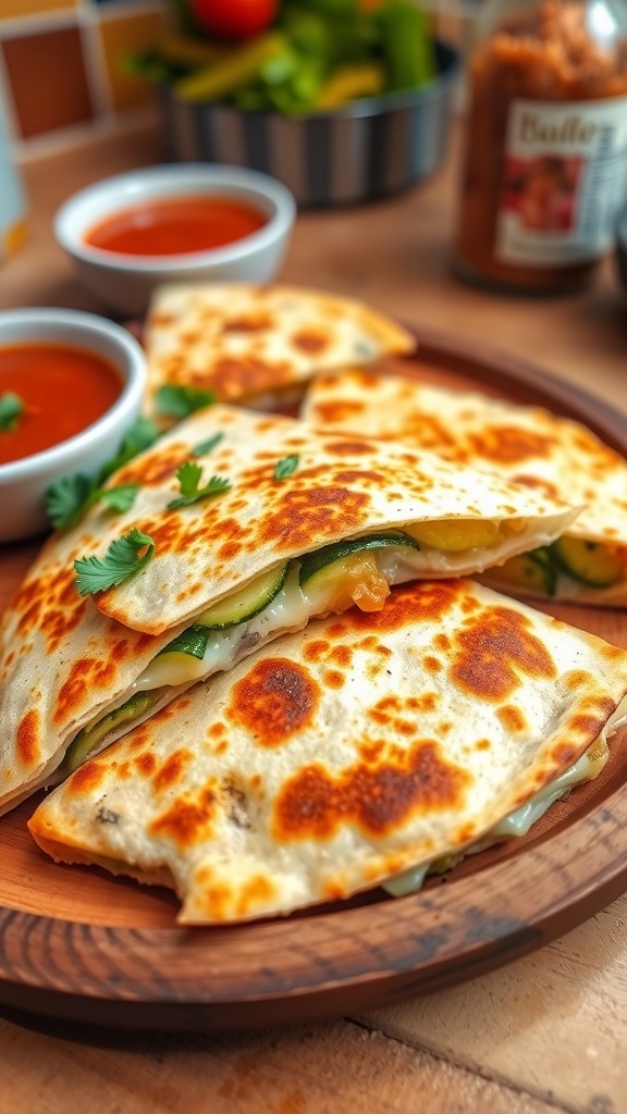 Cheesy Zucchini Quesadilla Recipe Crispy zucchini quesadilla filled with cheese and zucchini, served with salsa on a wooden plate.